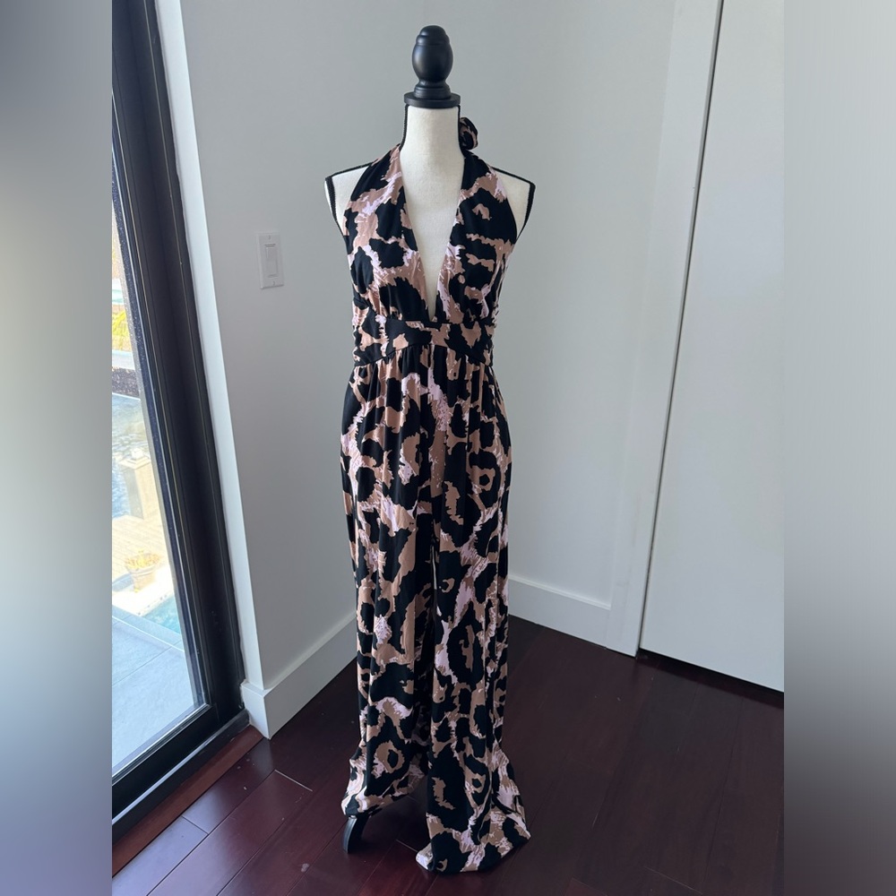 Diane Von Furstenberg Leopard Black and Blush Halter-Waist Wide-Leg Jumpsuit